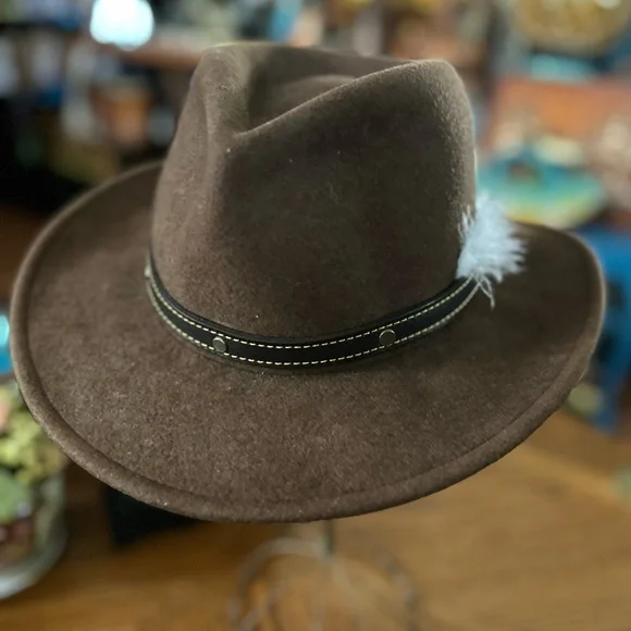 Vintage Brown Wool Cowboy Hat with Leather Band & Feather Accent Vintage Western 100% Wool Cowboy Hat With Hatband and  main image 2
